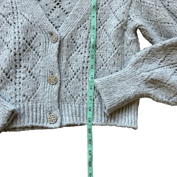 Anthropologie Maeve gray pointelle knit cardigan jewel rhinestone buttons small - Picture 7 of 8